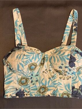 B•O•G Collective Blue White Floral Sweetheart Wide Strap Lined Crop Top XS